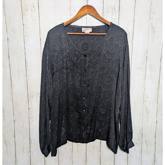 Vintage Black Floral Jacquard Button Front Top XL Boho Artsy Grunge Whimsigoth - Picture 2 of 9